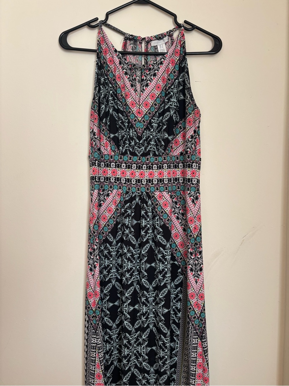 London Times Boho Floral Geometric Print Maxi Dress Black Pink Size 6